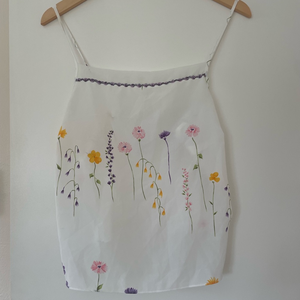 Vintage Floral Print White Spaghetti Strap Tank Top